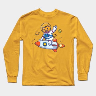 Cute Cat Astronaut Riding Rocket Cartoon Long Sleeve T-Shirt